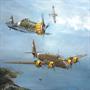 Piaggio P108B heavy bomber over mediterranean sea meeting with two Macchi c.200 saetta, 1941
